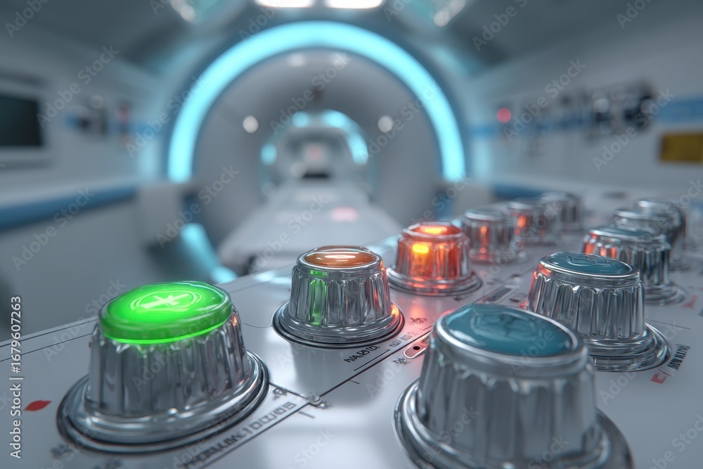Poster close-up of a futuristic control panel with glowing buttons and an mri machine.