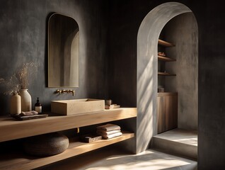 Editorial interior of a dark luxury powder room with deep charcoal Venetian plaster walls a light oak floating vanity with integrated rectangular limestone si