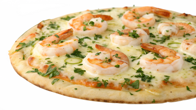  Shrimp scampi pizza with garlic butter shrimp, mozzarella, parsley, white background, no text