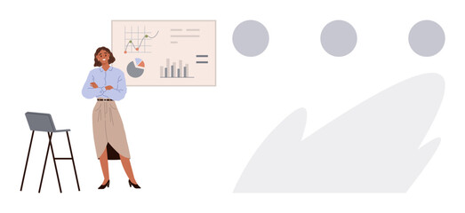 Woman standing confidently beside charts, graphs, and statistics, conveying analysis or planning. Ideal for business, leadership, presentation, data education analytics professional growth. Simple