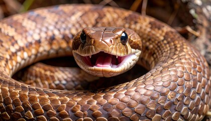 Obraz premium Serpiente marrón en primer plano, con la boca abierta