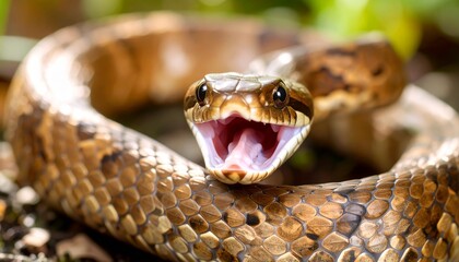 Obraz premium Serpiente marrón en primer plano, con la boca abierta