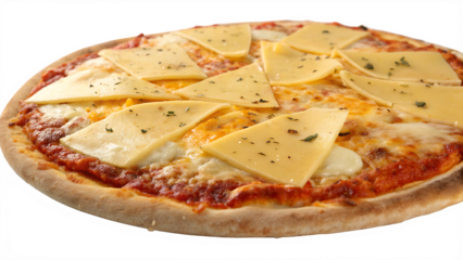 Smoked gouda pizza with cheddar, mozzarella, smoked gouda, white background, no text