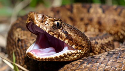 Obraz premium Serpiente marrón en primer plano, con la boca abierta