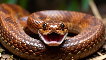 Obraz premium Serpiente marrón en primer plano, con la boca abierta