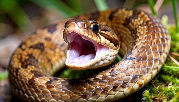 Serpiente marr&oacute;n en primer plano, con la boca abierta