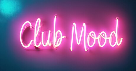 Bright pink neon sign displays Club Mood. Dark background creates vibrant contrast. Modern aesthetic, stylish lettering.