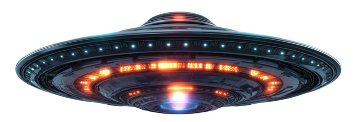 a flying saucer-shaped unidentified flying object (ufo) or alien spacecraft flying in the air with lights, isolated on a white background