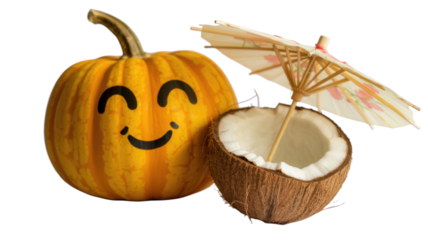 Happy Halloween pumpkin and coconut cocktail offer festive fall and tropical vibes, perfect for celebrations