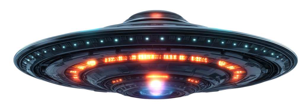 a flying saucer-shaped unidentified flying object (ufo) or alien spacecraft flying in the air with lights, isolated on a white background