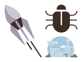 Abstract rocket, bug icon, and airport terminal with airplane symbolize innovation, software debugging, aerospace, future technology, travel, exploration and progress. Ideal for tech science