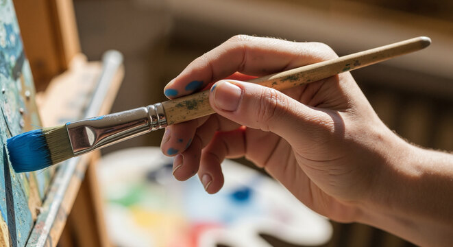 Artist’s hand painting with blue brush on canvas in studio setting  