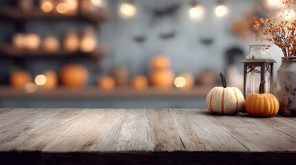 Wooden table surface with blurred Halloween kitchen background, ideal for spooky seasonal product display mockups