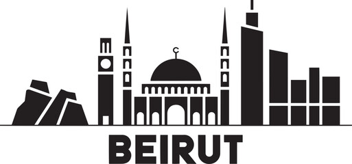 Naklejka premium Beirut Skyline Silhouette with Mosque and Clock Tower Icon Vector Illustration