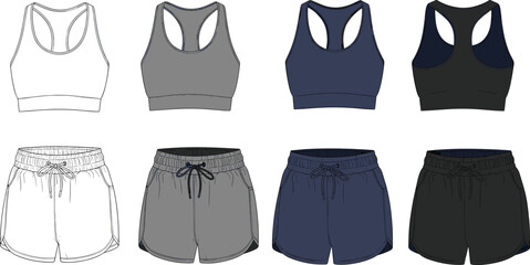 Women's sports bra and shorts technical flat sketch, front and back view, activewear fashion vector template for workout clothing design, fitness apparel
