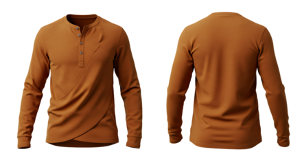 Men's Burnt Orange Long Sleeve Henley Shirt with Unique Draped Design, Front and Back Views, Transparent Background