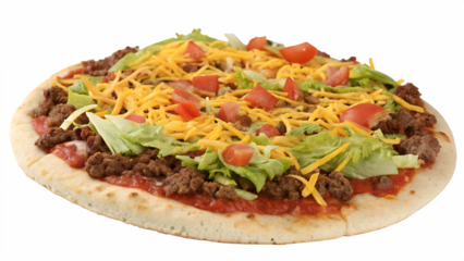 Taco pizza with ground beef, salsa, cheddar cheese, lettuce, white background, no text