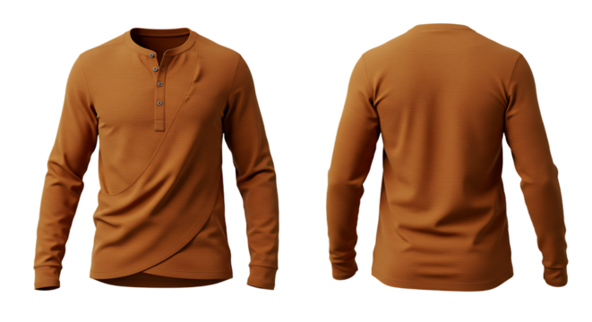 Men's Burnt Orange Long Sleeve Henley Shirt with Unique Draped Design, Front and Back Views, Transparent Background
