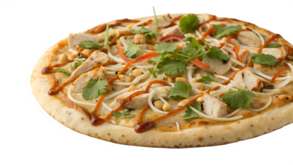 Thai chicken pizza with peanut sauce, bean sprouts, chicken, cilantro, white background, no text