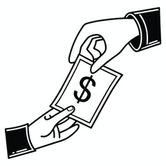 Two hands exchanging a dollar bill with a dollar sign illustrating a financial transaction or payment concept