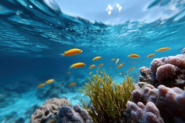 Naklejka premium Underwater coral reef teeming with bright tropical fish and swaying seaweed in crystal-clear water