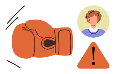 Boxing glove hitting forcefully, triangular caution sign, and a persons face. Ideal for conflict, warning, aggression, confrontation, danger communication and metaphor for risk. Clean simple flat