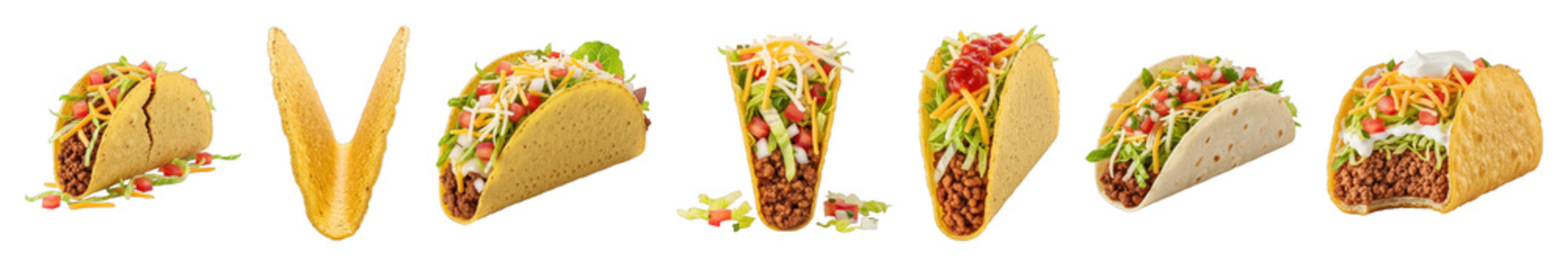 Taco set including empty hard shell, soft shell, full, and bitten variations with various toppings isolated. Mexican fast food collection.