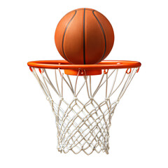 Close up of a classic orange basketball resting on the rim of a white net basketball hoop isolated on transparent background