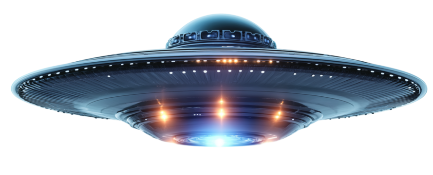 a flying saucer-shaped unidentified flying object (ufo) or alien spacecraft flying in the air with lights, isolated on a white background