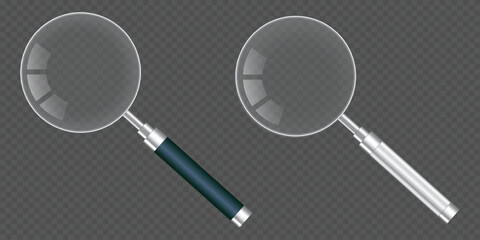 Realistic transparent magnifying glass isolated background lens search tool zoom magnify optical loupe clarity optical lens magnifier reflection inspection vector illustration design