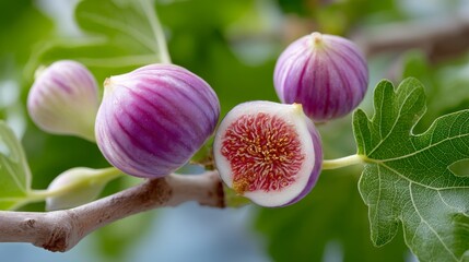 Ripe purple figs on tree with vibrant green leaves and blue sky background