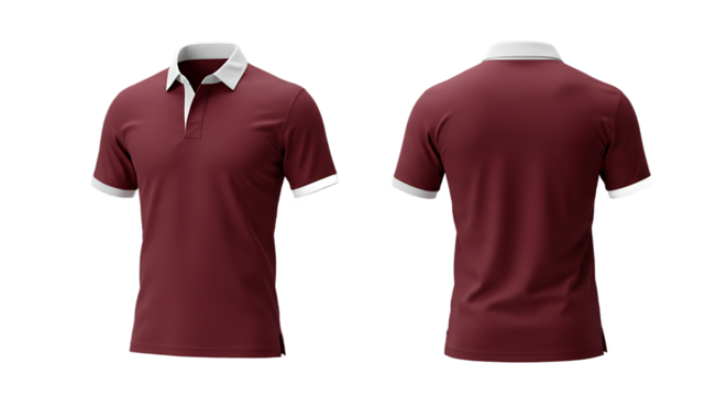 Blank Maroon Polo Shirt Mockup with White Collar and Cuffs, Front and Back Views, Transparent Background
