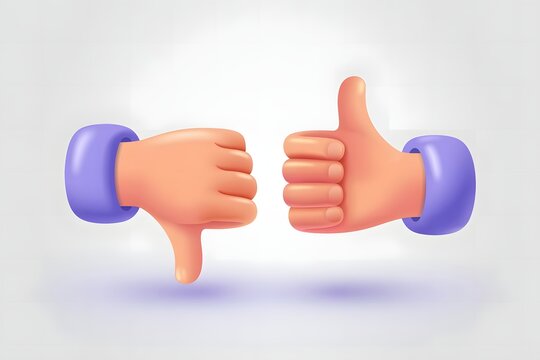 Two cartoon 3d hands showing a thumbs up and a thumbs down gesture against a light grey background with subtle shadows and highlights
