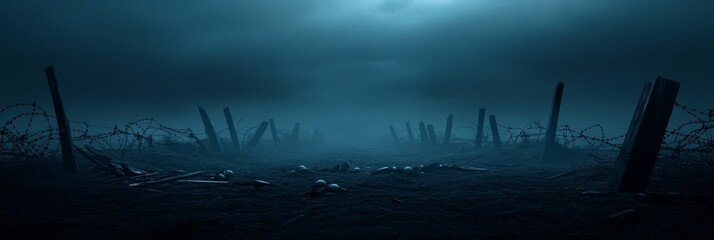 Atmospheric foggy battlefield landscape with barbed wire