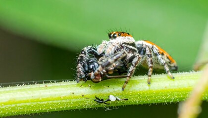A vibrant jumping spider feasts on its prey atop a slender green stem