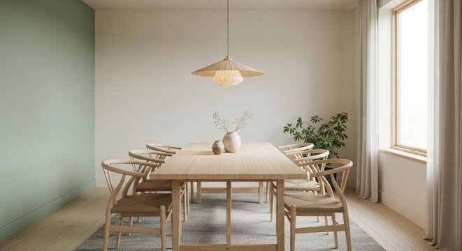 Light wood dining table with wishbone chairs and pendant light in a room with green accent wall dining room