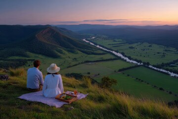 Fototapeta premium Couple enjoying a sunset picnic on a hilltop overlooking rolling green fields and a winding river
