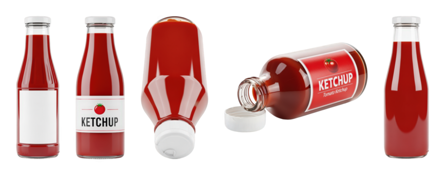 Ketchup bottle set including upright, inverted, open, and blank label variations isolated. Food packaging and condiment collection.
