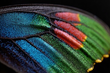 Macro photography of a butterfly is wing showcasing intricate patterns and vibrant colors