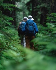 Couple hiking through a lush forest trail with backpacks and walking sticks