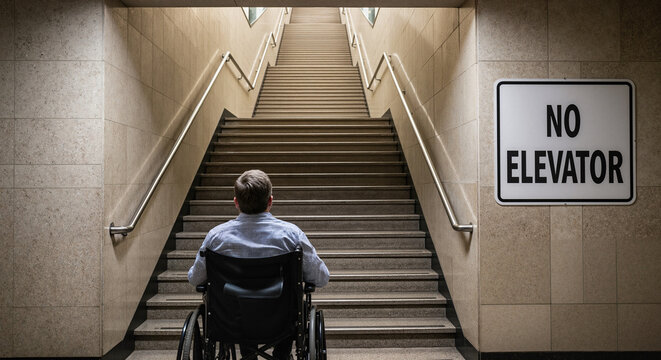 Man in wheelchair looking at stairs with no elevator sign in building   - Powered by Adobe