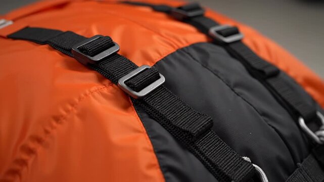 Close-up of Orange and Black Parachute Packing Straps - A detailed close-up shot showcases the straps and buckles securing a packed orange and black parachute.