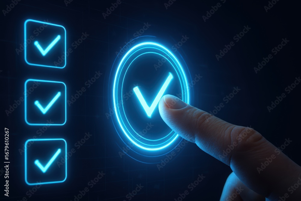 Poster completion confirmation: a finger interacts with a digital interface, illuminating a glowing checkma