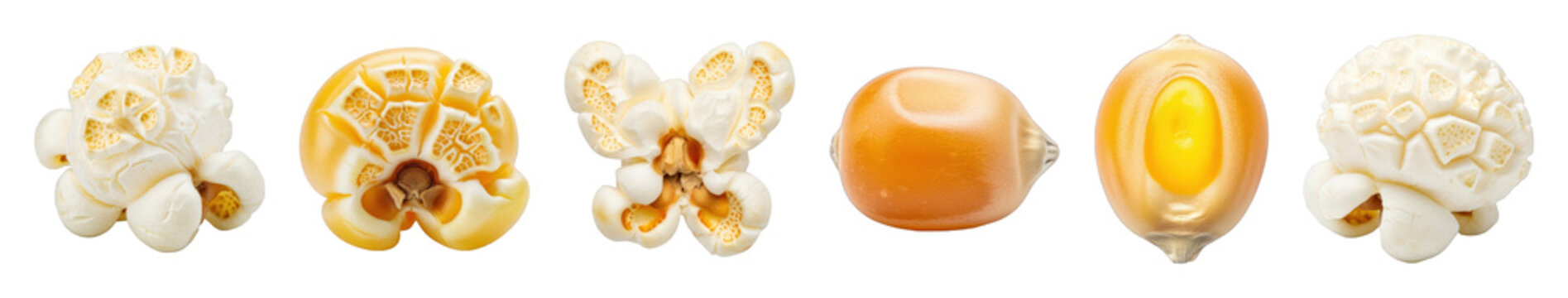 Popcorn set including popped, unpopped, whole kernels, and cut sections isolated. Snack food and ingredient collection.