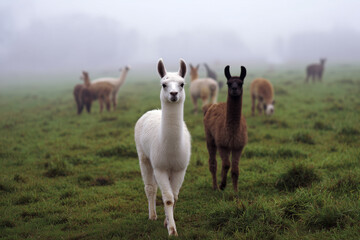 Fototapeta premium Llamas grazing in a misty field during early morning hours
