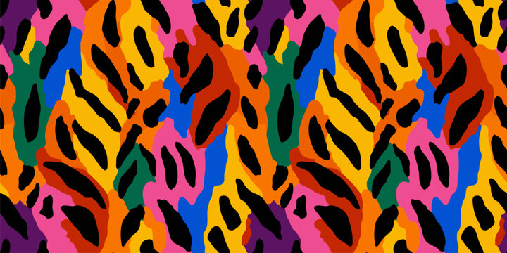 Abstract vector seamless pattern with bright colorful animal print. Tropical exotic jungle background with spots, organic shapes. Modern patchwork background texture. Repeating trendy funky design