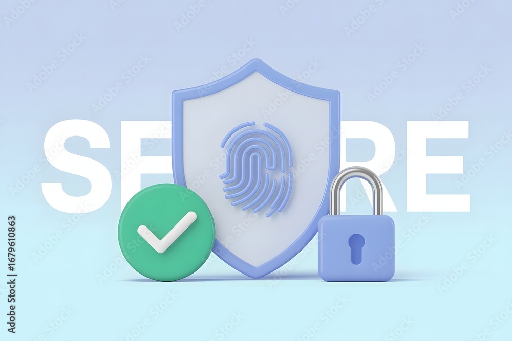 Poster digital security and privacy protection concept featuring a stylized shield with a fingerprint scan 