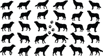 Wolf silhouette collection vector, black wild animal icons in standing and walking poses, includes paw prints, perfect for wildlife, forest, or nature themes