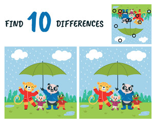 Find ten differences play. Rainy landscape with cute animals, panda frog leopard and mouse walking under rain together. Children educational game, vector design