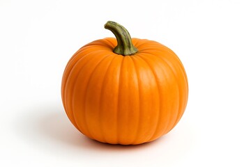 A single vibrant orange pumpkin with a green stem on a white background